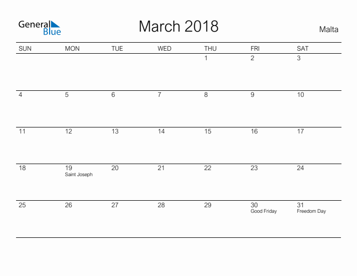 Printable March 2018 Calendar for Malta