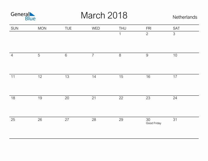 Printable March 2018 Calendar for The Netherlands