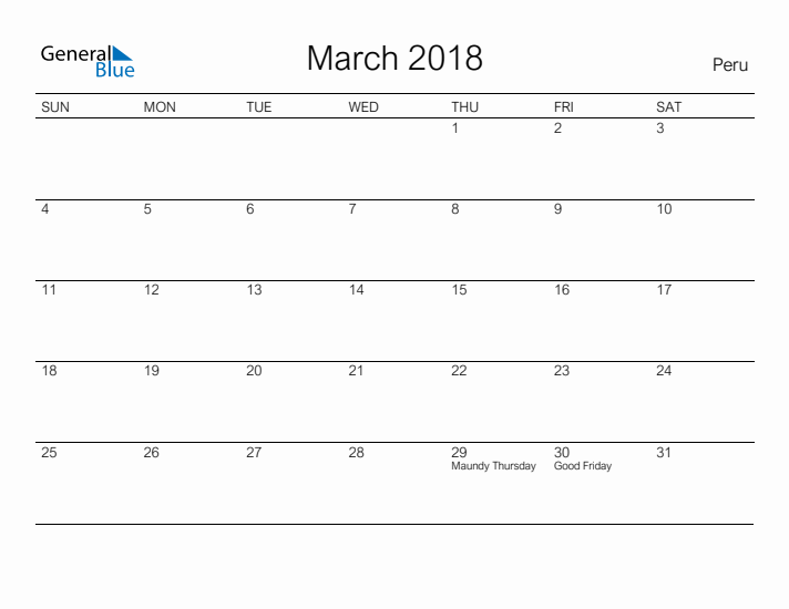 Printable March 2018 Calendar for Peru