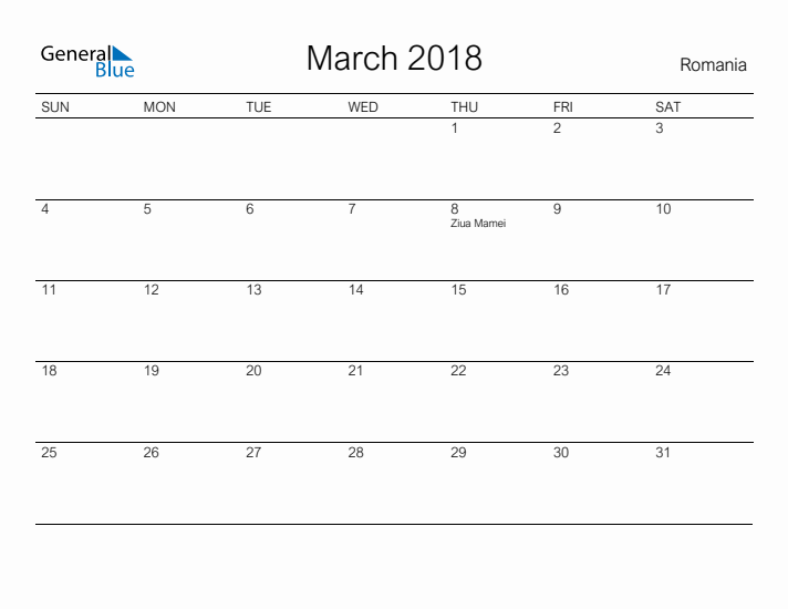 Printable March 2018 Calendar for Romania