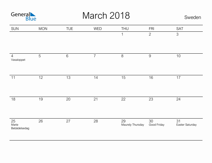 Printable March 2018 Calendar for Sweden