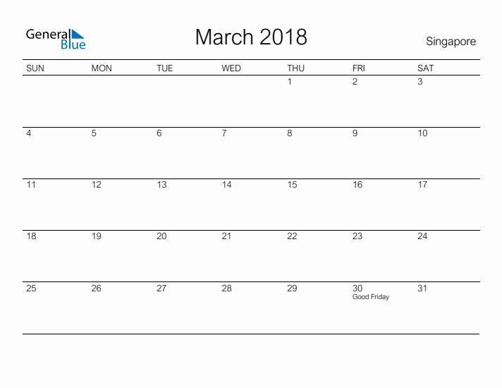 Printable March 2018 Calendar for Singapore