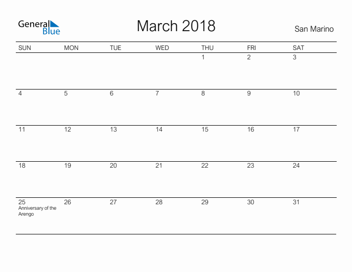Printable March 2018 Calendar for San Marino