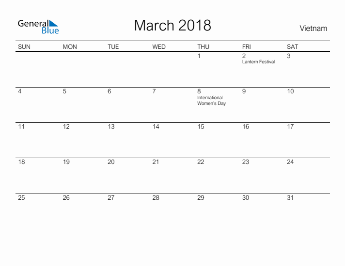 Printable March 2018 Calendar for Vietnam