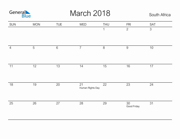 Printable March 2018 Calendar for South Africa
