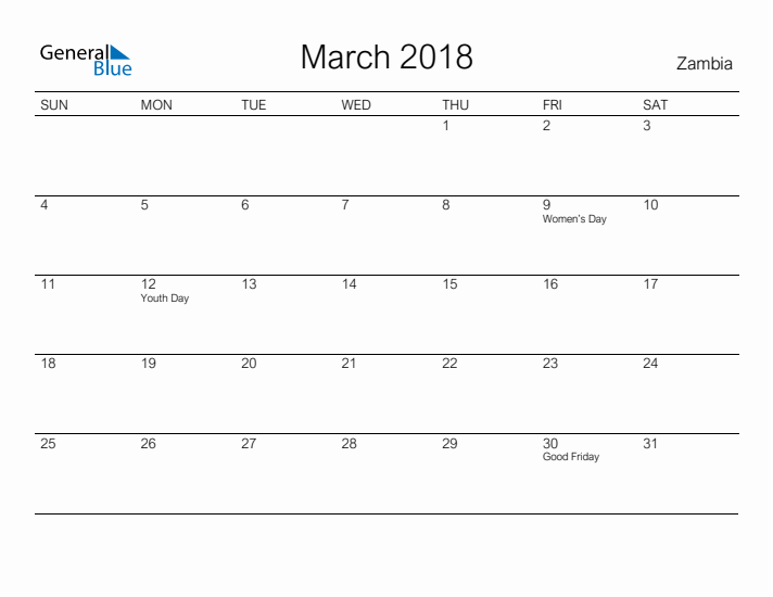 Printable March 2018 Calendar for Zambia