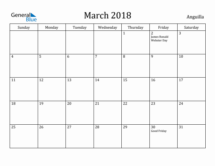 March 2018 Calendar Anguilla