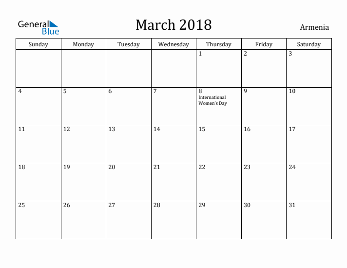March 2018 Calendar Armenia