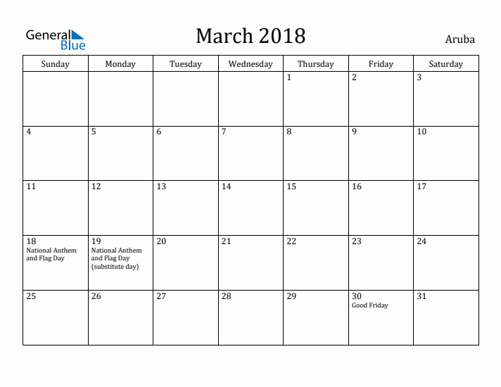 March 2018 Calendar Aruba