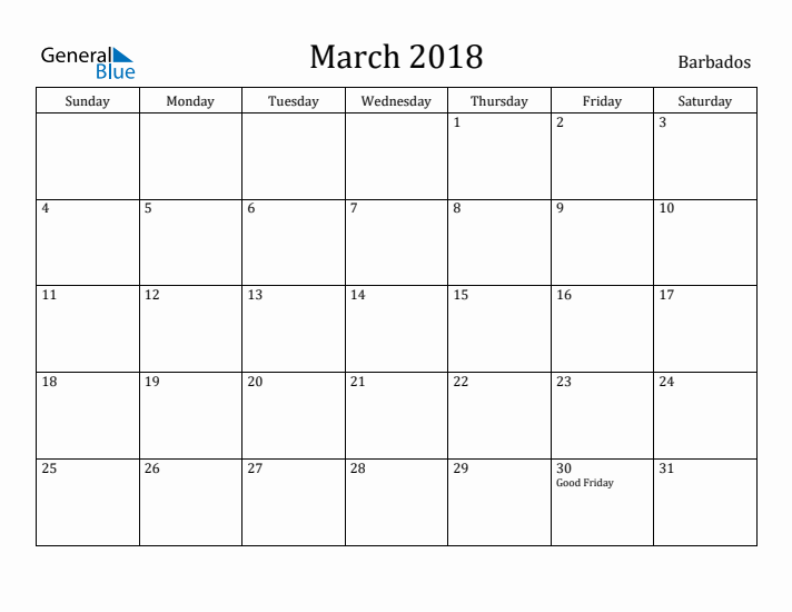 March 2018 Calendar Barbados