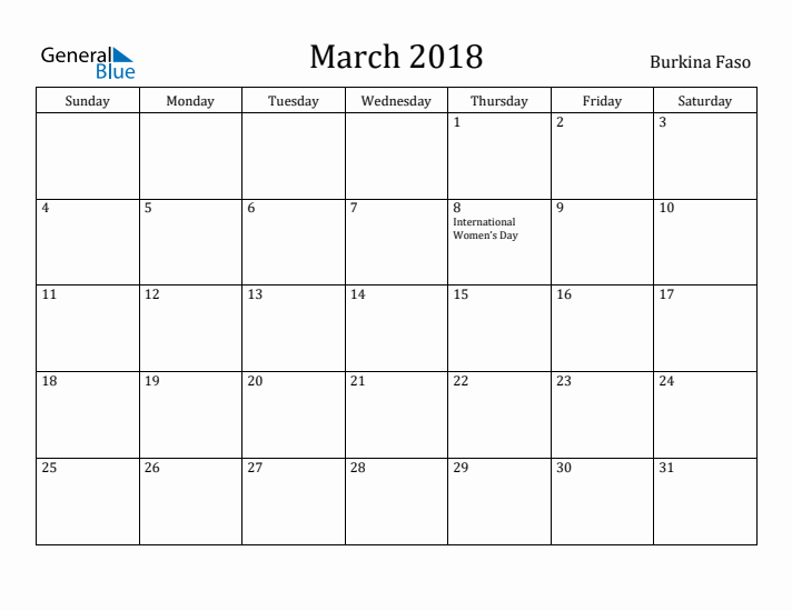 March 2018 Calendar Burkina Faso