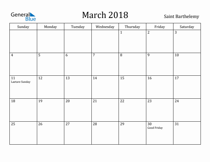 March 2018 Calendar Saint Barthelemy