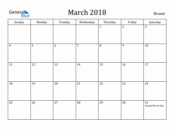March 2018 Calendar Brunei