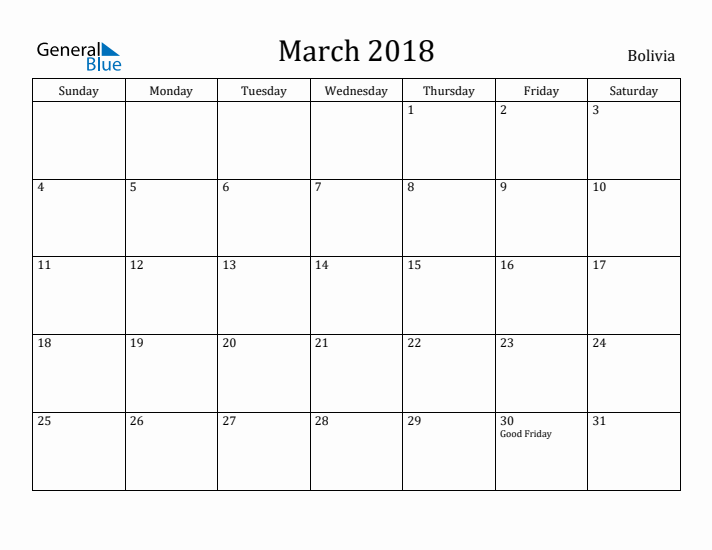 March 2018 Calendar Bolivia