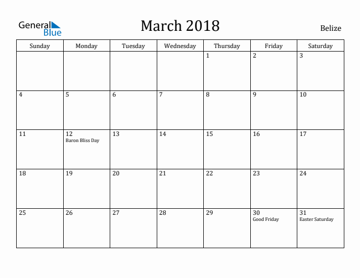 March 2018 Calendar Belize
