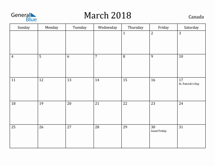 March 2018 Calendar Canada