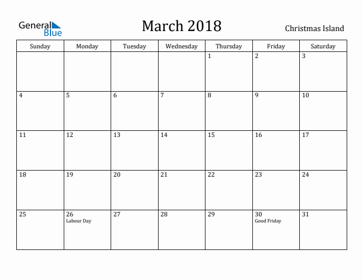 March 2018 Calendar Christmas Island