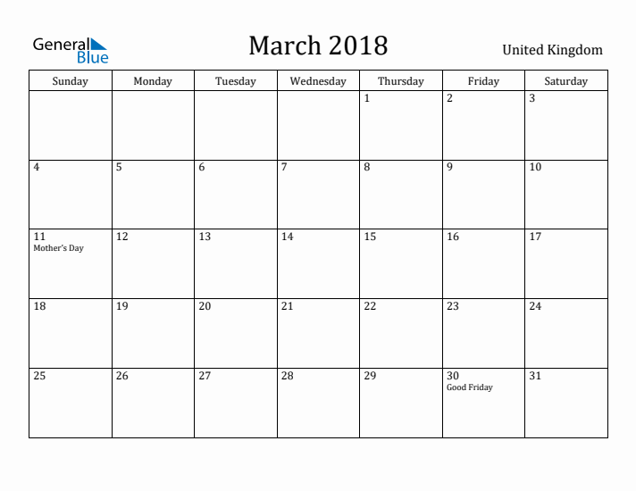 March 2018 Calendar United Kingdom