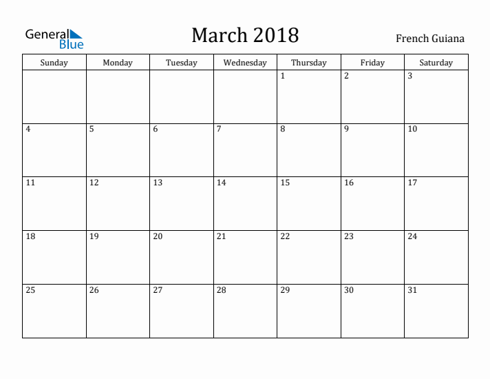 March 2018 Calendar French Guiana