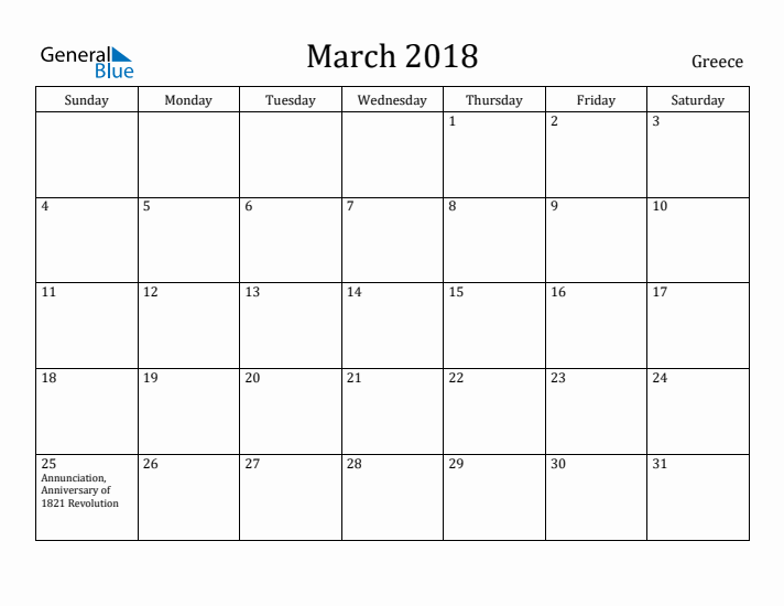 March 2018 Calendar Greece