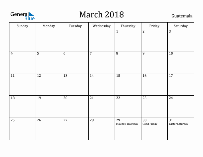 March 2018 Calendar Guatemala