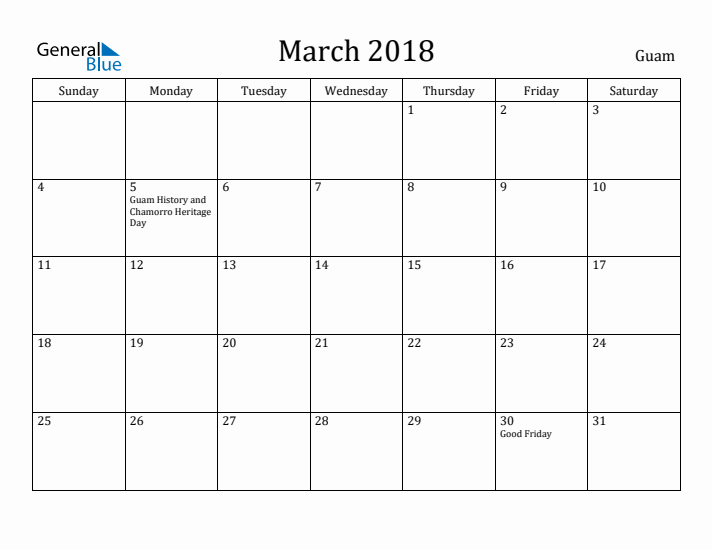 March 2018 Calendar Guam
