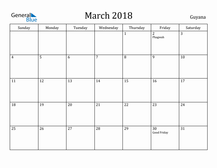 March 2018 Calendar Guyana