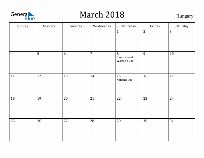 March 2018 Calendar Hungary