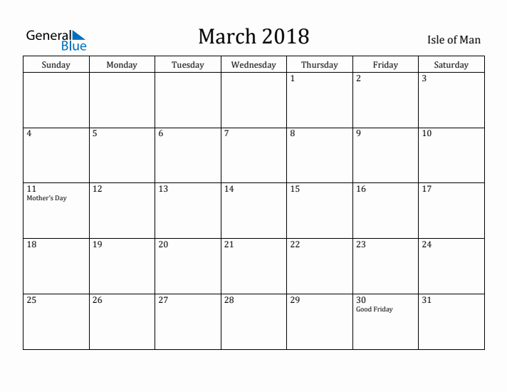 March 2018 Calendar Isle of Man