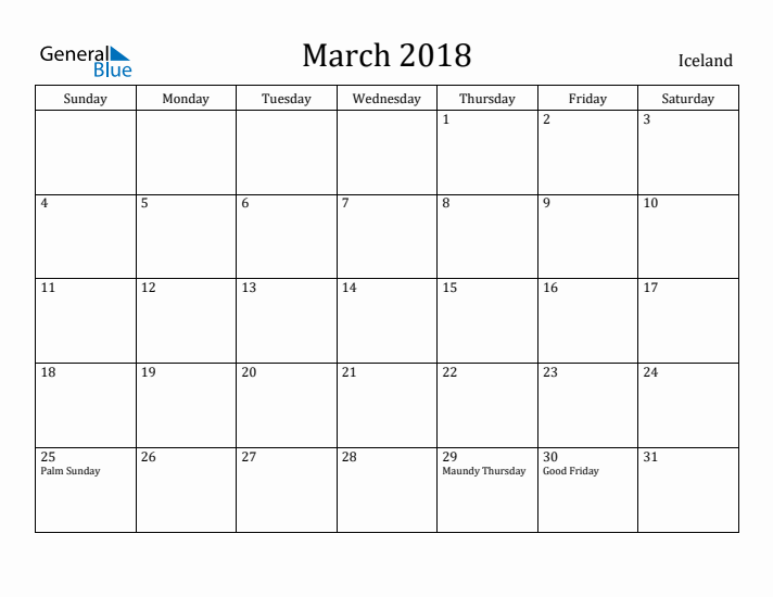 March 2018 Calendar Iceland