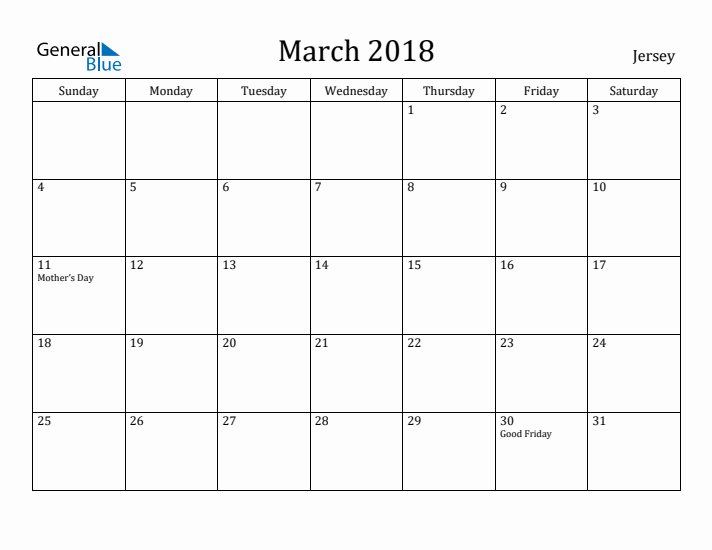March 2018 Calendar Jersey