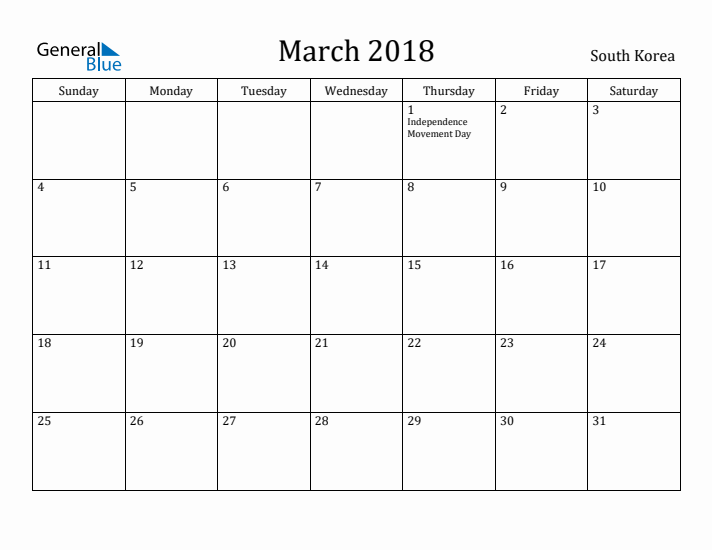 March 2018 Calendar South Korea