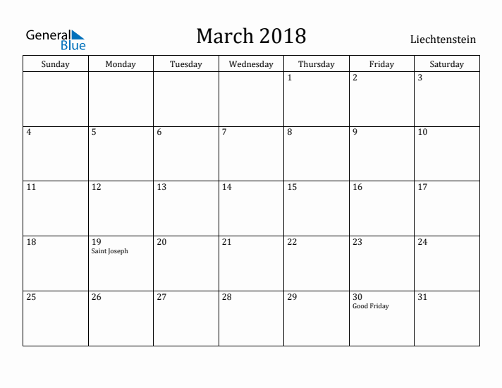 March 2018 Calendar Liechtenstein