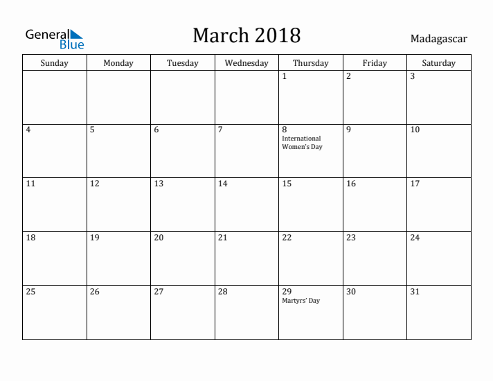 March 2018 Calendar Madagascar