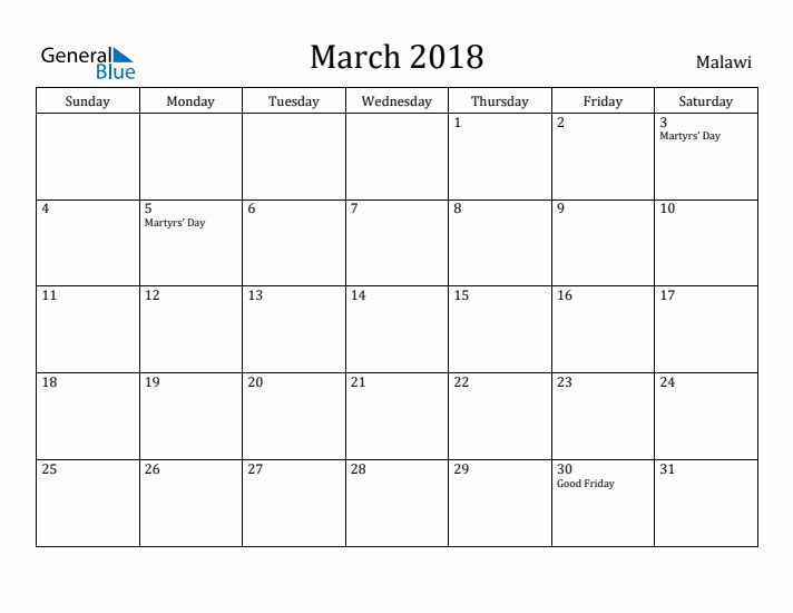 March 2018 Calendar Malawi