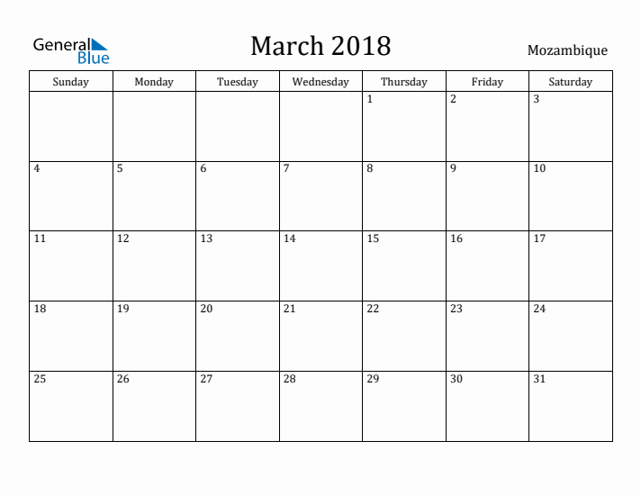 March 2018 Calendar Mozambique