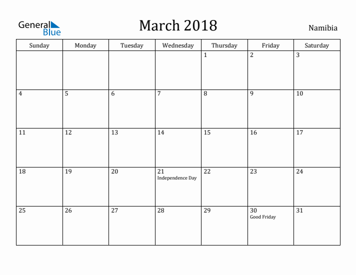 March 2018 Calendar Namibia