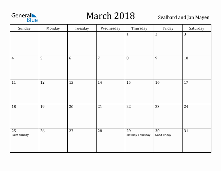March 2018 Calendar Svalbard and Jan Mayen