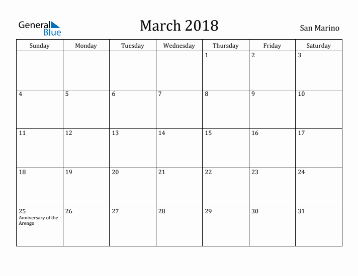 March 2018 Calendar San Marino