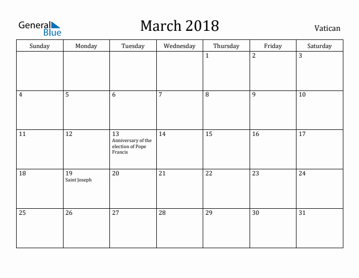 March 2018 Calendar Vatican