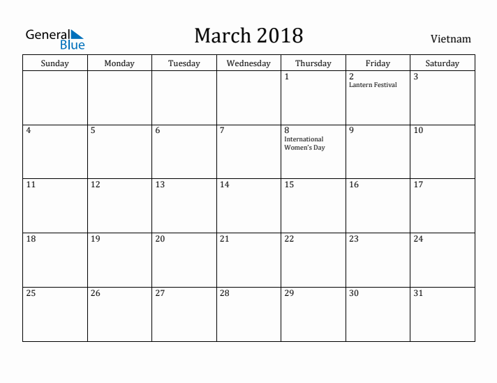 March 2018 Calendar Vietnam