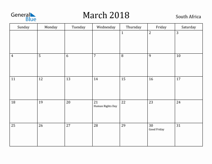 March 2018 Calendar South Africa
