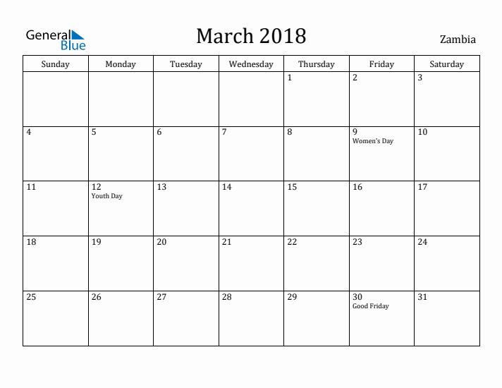 March 2018 Calendar Zambia