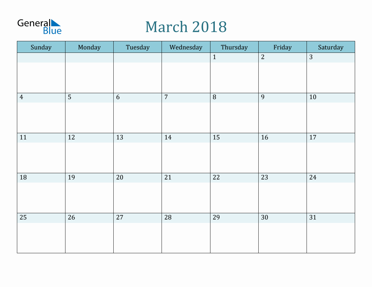 March 2018 Monthly Calendar Template (Sunday Start)