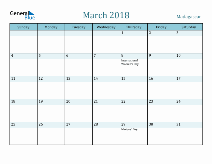 March 2018 Calendar with Holidays