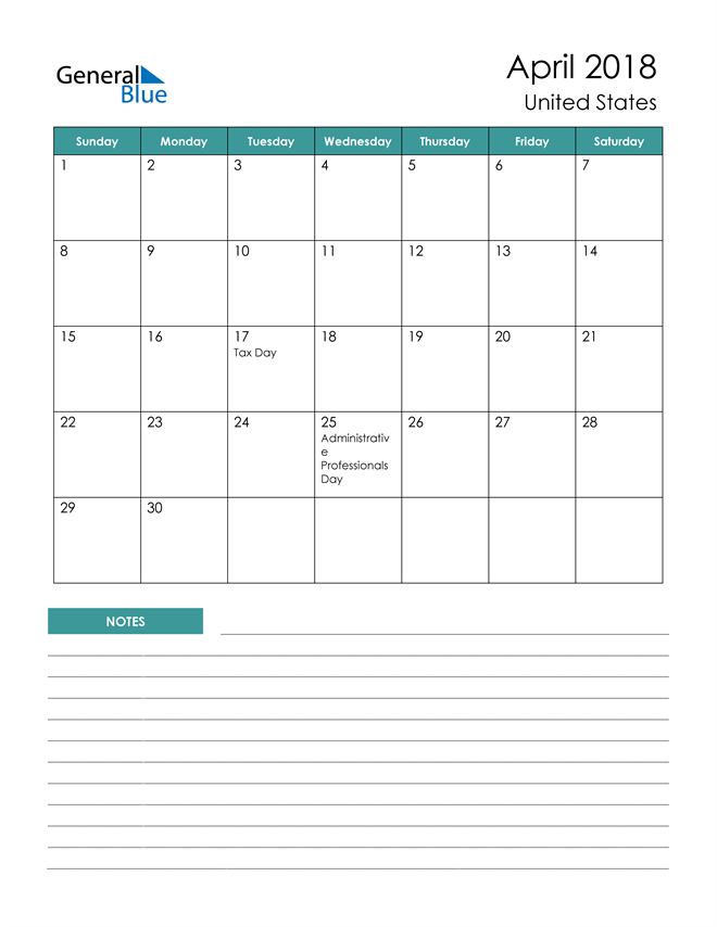 Calendar with Notes Printable