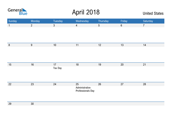 Fillable April 2018 Calendar