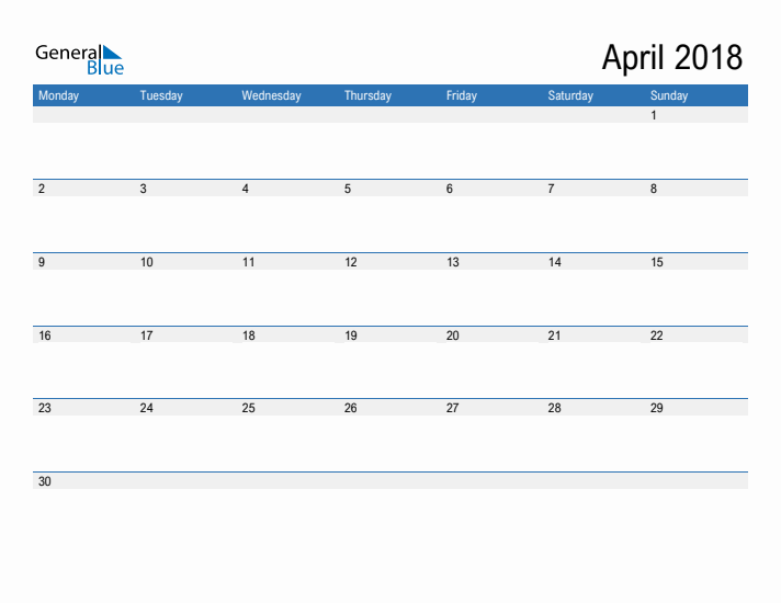 Fillable Calendar for April 2018