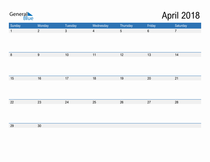 Fillable Calendar for April 2018