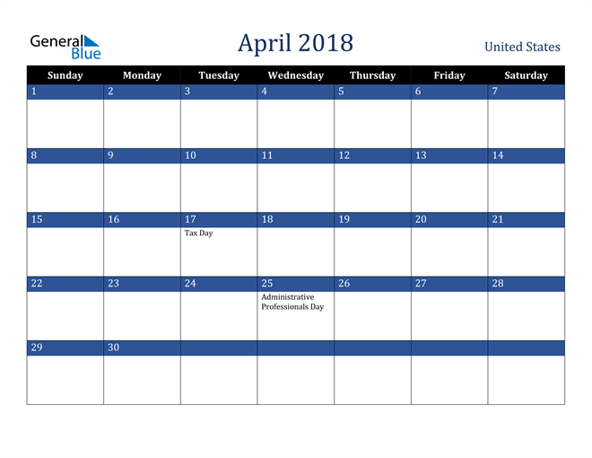 April 2018 United States Calendar